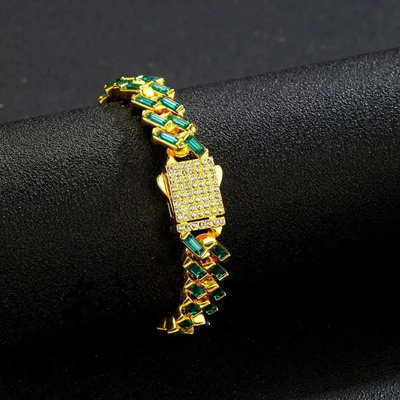 New Dog Collars Bling 13mm Green Stone Diamondd Cuban Chain Cat Necklace Gold Silver Color Pet Jewelry Accessories
