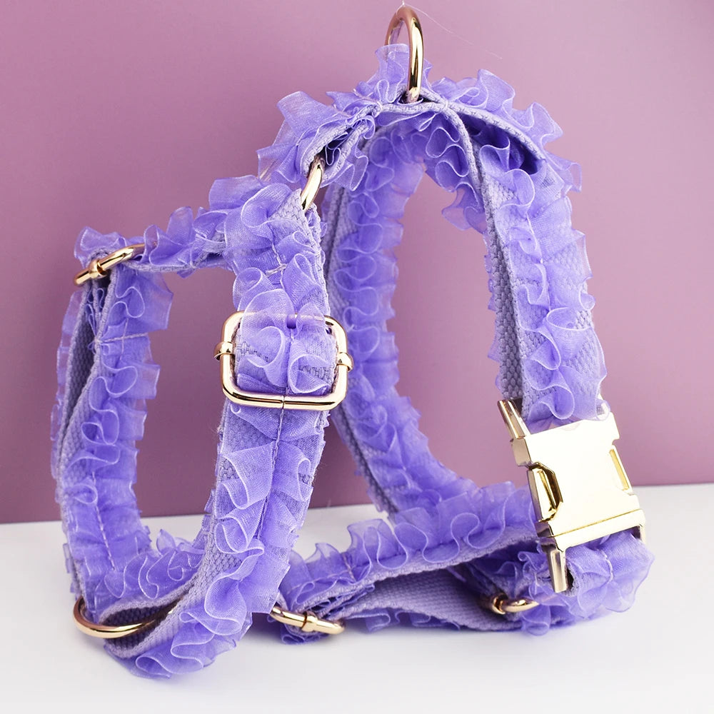 Custom Engraved Purple Lace Dog Collar Personalized Pet Wedding Harness Luxury Dog Accessories Nameplate Lace 07
