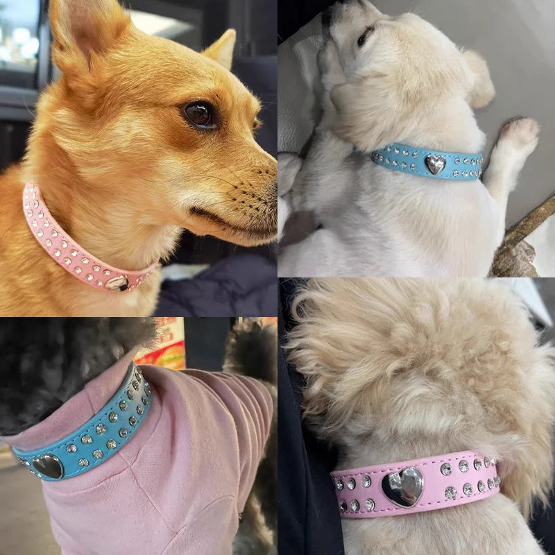 Adjustable Leather Dog Collars Rhinestone Heart Necklac, Pet Accessories Small Medium Large Outdoor Bling