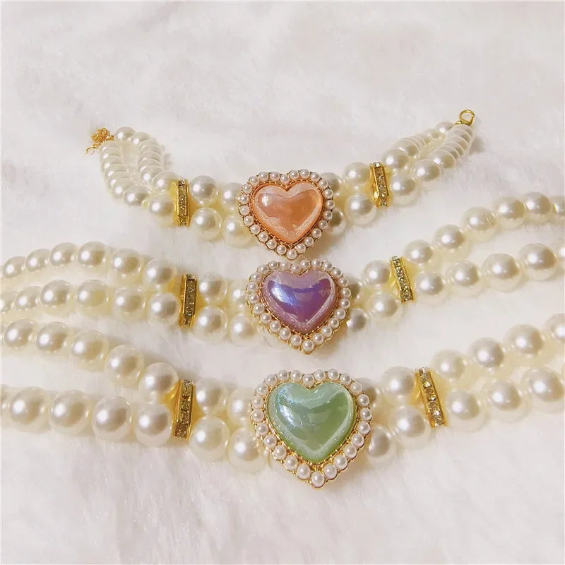 Adjustable Rhinestones Cat Necklace Double Heart Design Pet Collar Suitable for Small To Medium Dogs Puppy Accessories