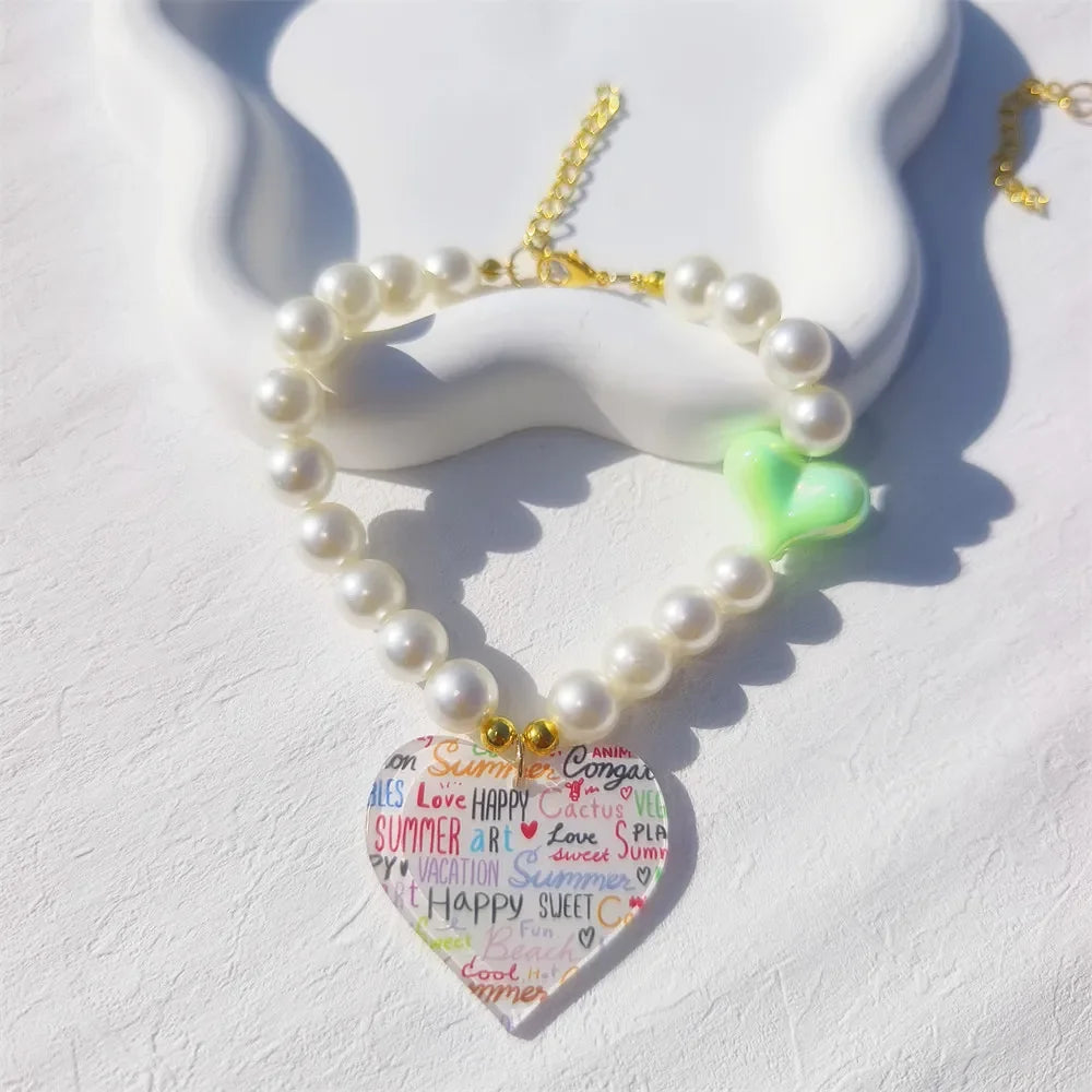 Cute Dog Accessories Imitation Pearl Pet Collar Handmake Glamour Jewelry Necklace with Heart Pendant Decoration for Puppy Cat