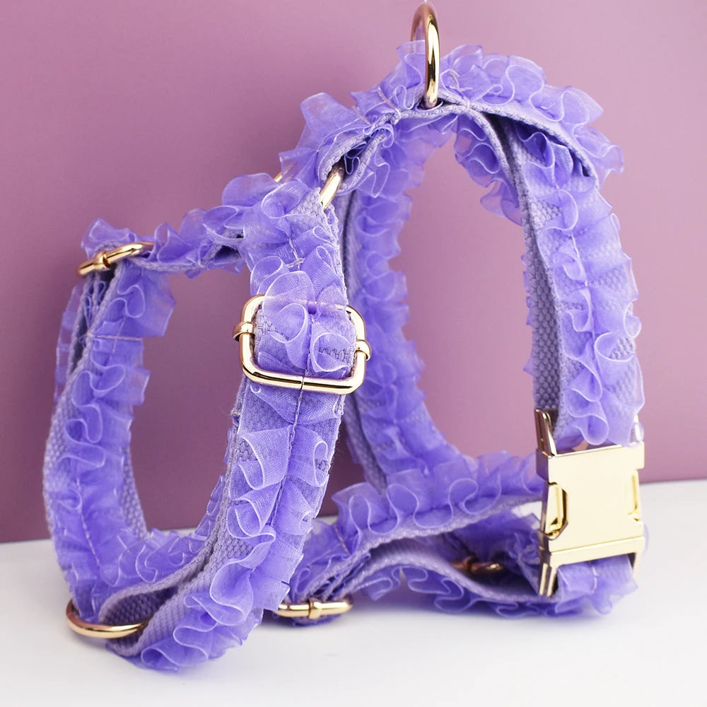 Custom Engraved Purple Lace Dog Collar Personalized Pet Wedding Harness Luxury Dog Accessories Nameplate Lace 07
