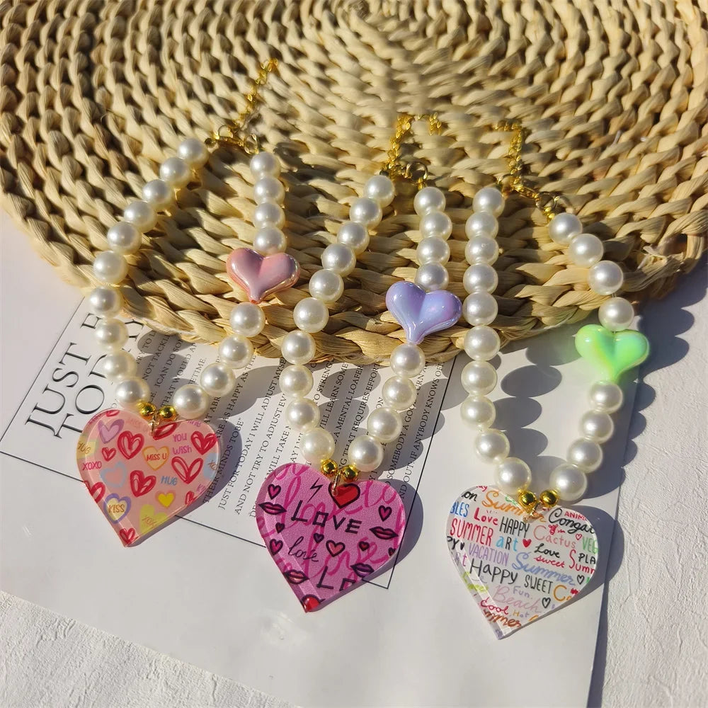 Cute Dog Accessories Imitation Pearl Pet Collar Handmake Glamour Jewelry Necklace with Heart Pendant Decoration for Puppy Cat