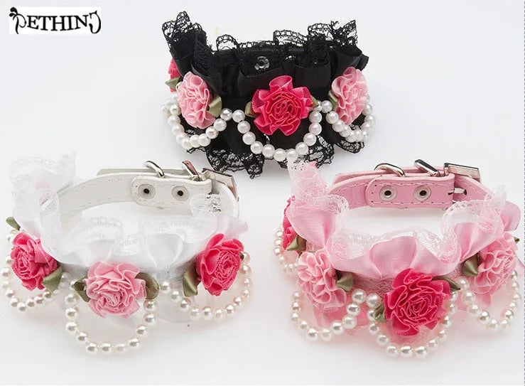 Hot fashion Flower lace pet dog collar with Pearl For Small Animals Soft Leather Adjustable Puppy Cat Collar Harness 3 color