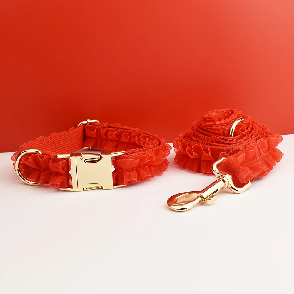 Custom Engraved Red Lace Dog Collar - Personalized PetHarness Luxury Dog Accessories with Nameplate for Wedding Lace06