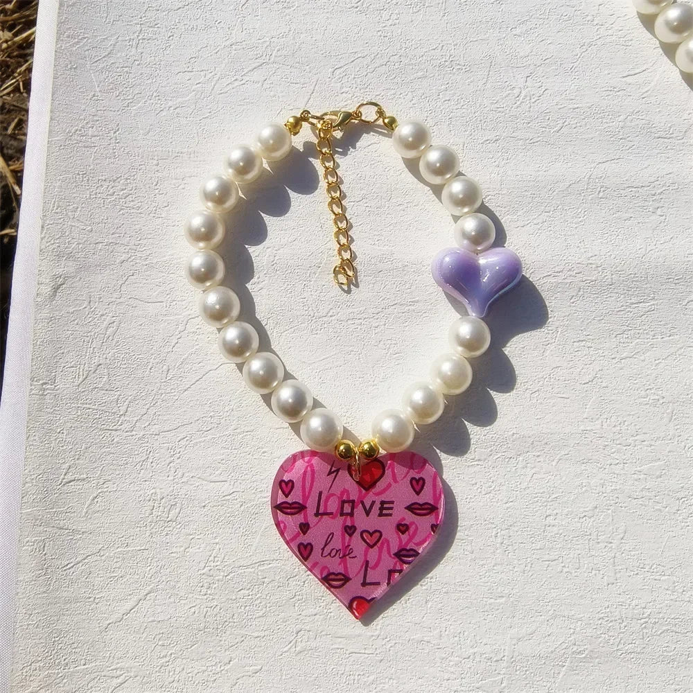 Cute Dog Accessories Imitation Pearl Pet Collar Handmake Glamour Jewelry Necklace with Heart Pendant Decoration for Puppy Cat