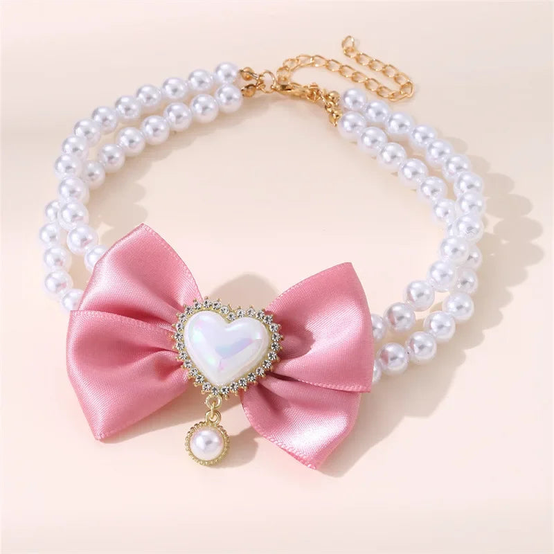 Luxurious Pet Pearl Bow Necklace Dog Collar Little Cat Bell Necklace Vintage Jewelry Pearl Lady Bow Dog Collar Cat Accessories