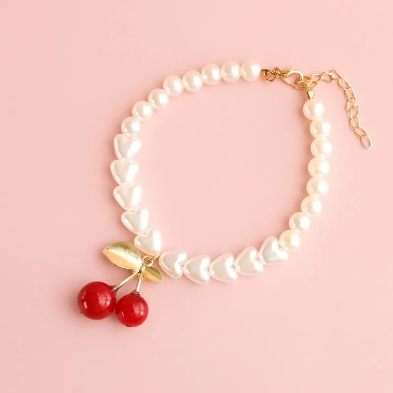 Pet Pearl Collar Dog Princess Bow Necklace Cat Jewelry Cute Collar Puppy Accessories Dog Chain Chihuahua Wedding Jewelry Cherry