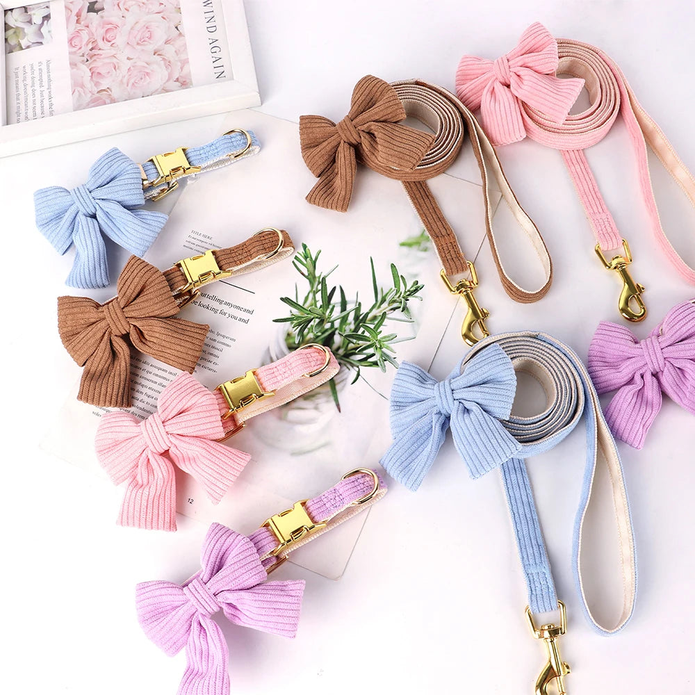 Cute Pink Dog Collar Leash Set With Bowtie Adjustable Soft Velvet Pet Collars And Leash for Small Medium Dogs Dog Accessories