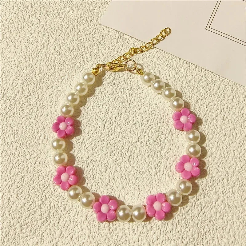 Adjustable Pearl Cat Collar with Flower Charm Fashion Necklace for Small Dogs Puppy Jewelry Accessories Pet Cat Necklace