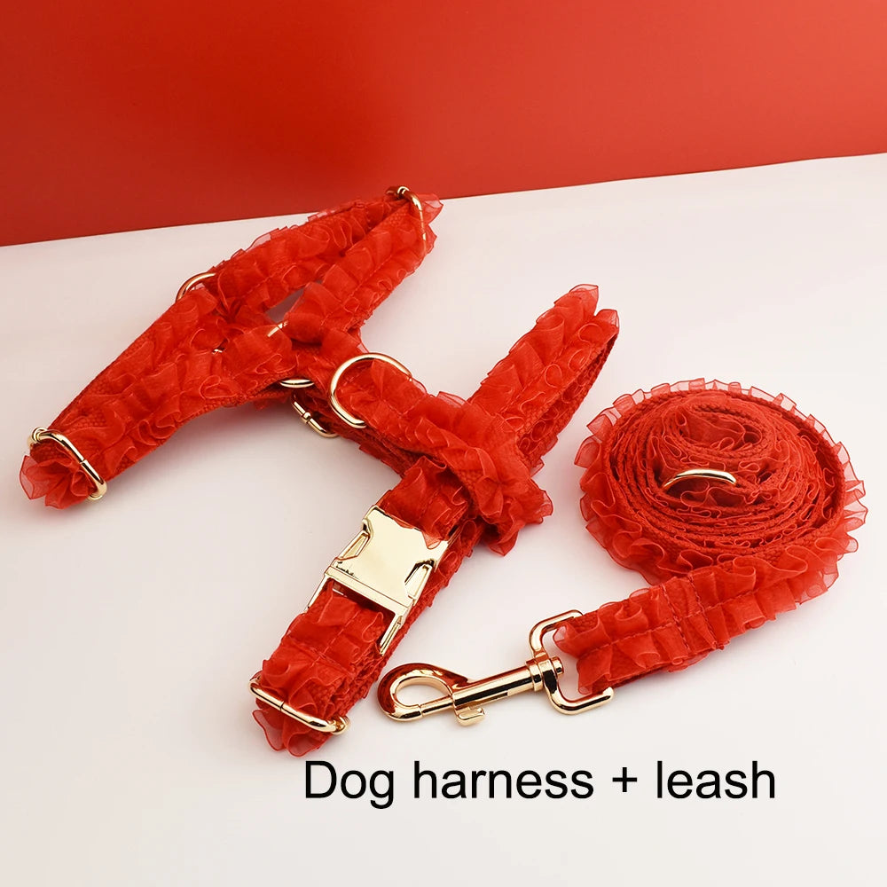 Custom Engraved Red Lace Dog Collar - Personalized PetHarness Luxury Dog Accessories with Nameplate for Wedding Lace06