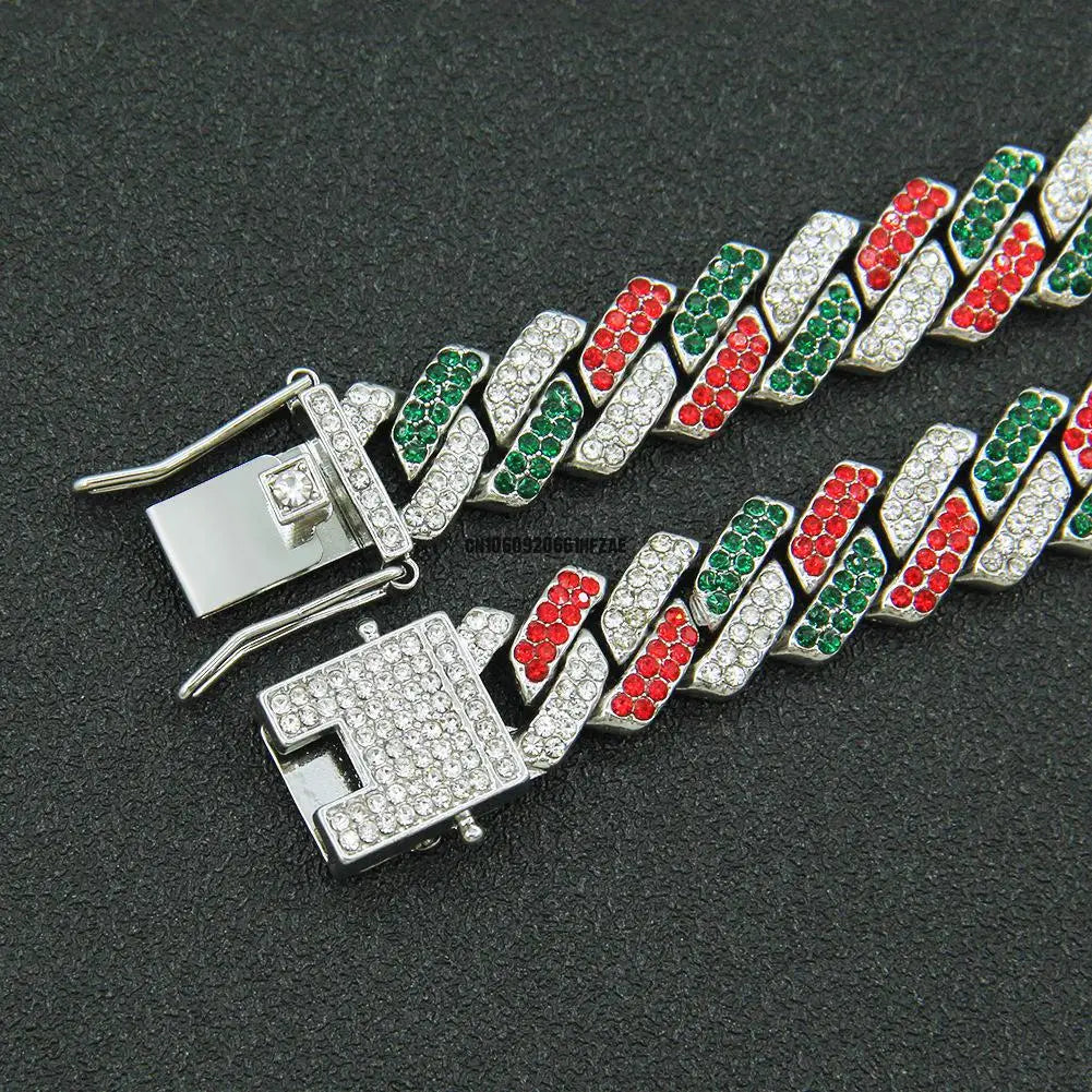 Multi Color Diamond Cuban Collar Walking Metal Chain Collar With Secure Buckle, Matching Pet And Owner Jewelry Accessories 12"