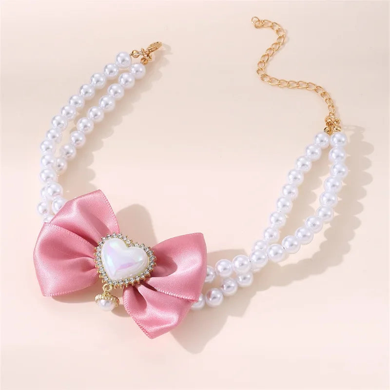 Luxurious Pet Pearl Bow Necklace Dog Collar Little Cat Bell Necklace Vintage Jewelry Pearl Lady Bow Dog Collar Cat Accessories