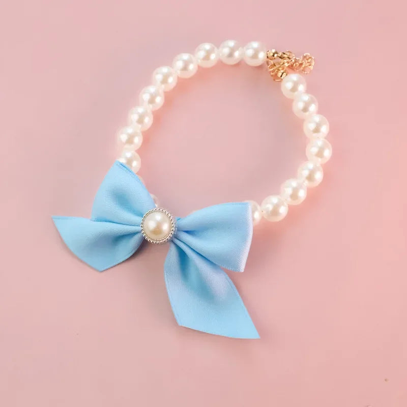 Pet Pearl Bow Necklace Dog Collar Little Cat Dog Bell Necklace Vintage Jewelry Pearl Lady Bow Dog Collar Cat Accessories