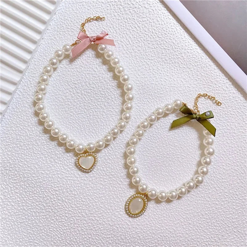 Fashion Adjustable Dog Cat Pearl Necklace Jewelry Opal Heart Collar Pendant Pet Collar Wedding Birthday Prom Costume Accessories