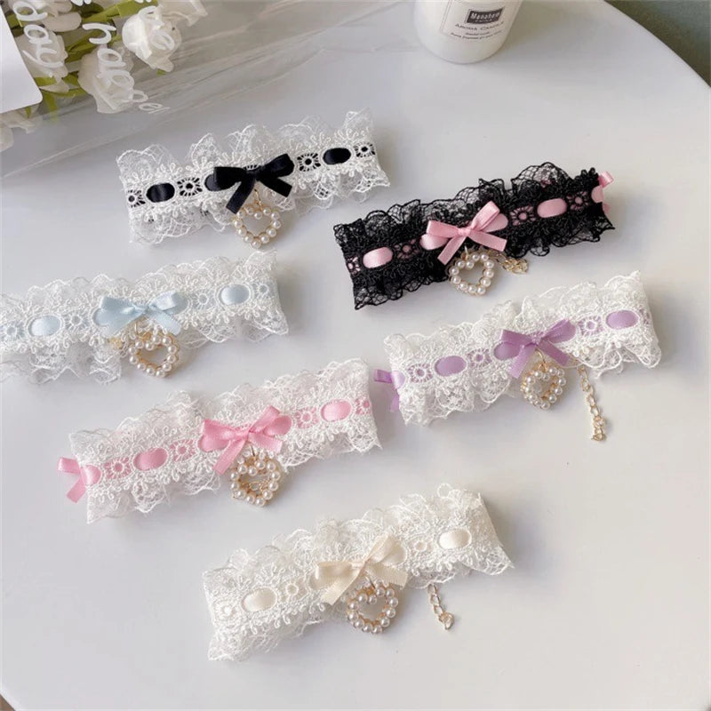 Romantic Lace Neck Collar for Small York Dogs Pearl Heart Adjustable Chihuahua Cat Accessories Bow Knot Girl Pet Puppy Neck Wear