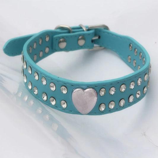 Adjustable Leather Dog Collars Rhinestone Heart Necklac, Pet Accessories Small Medium Large Outdoor Bling