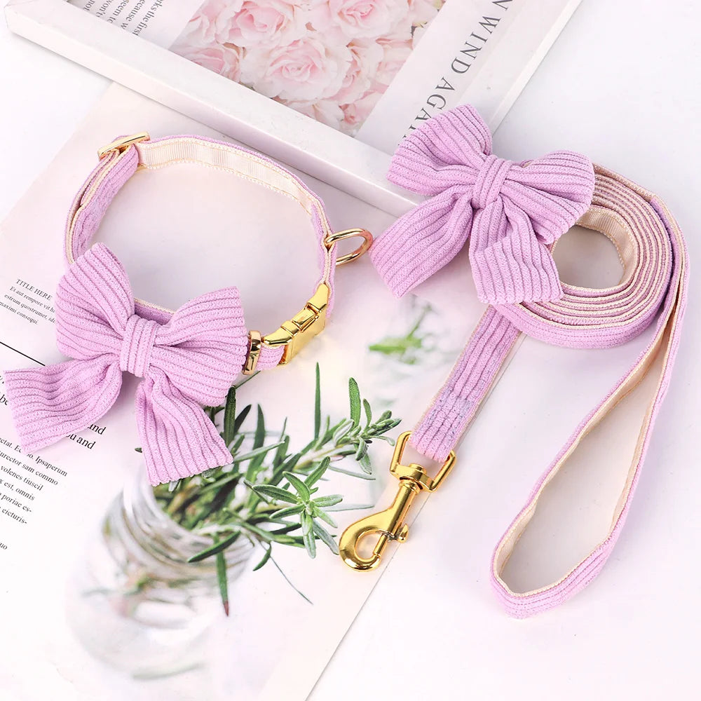 Cute Pink Dog Collar Leash Set With Bowtie Adjustable Soft Velvet Pet Collars And Leash for Small Medium Dogs Dog Accessories