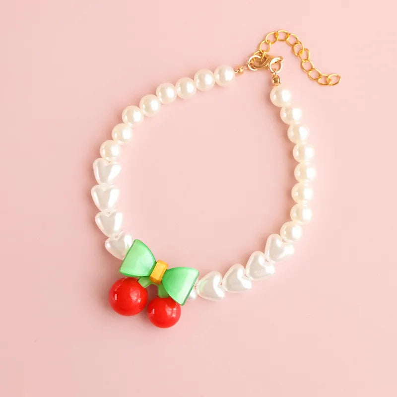 Pet Pearl Collar Dog Princess Bow Necklace Cat Jewelry Cute Collar Puppy Accessories Dog Chain Chihuahua Wedding Jewelry Cherry