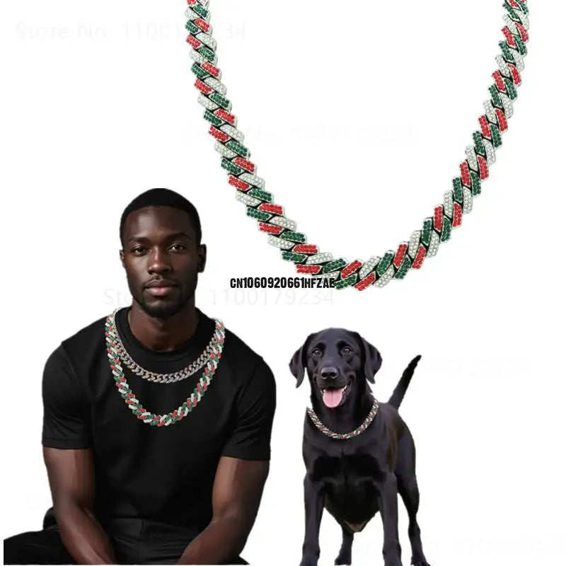 Multi Color Diamond Cuban Collar Walking Metal Chain Collar With Secure Buckle, Matching Pet And Owner Jewelry Accessories 12"