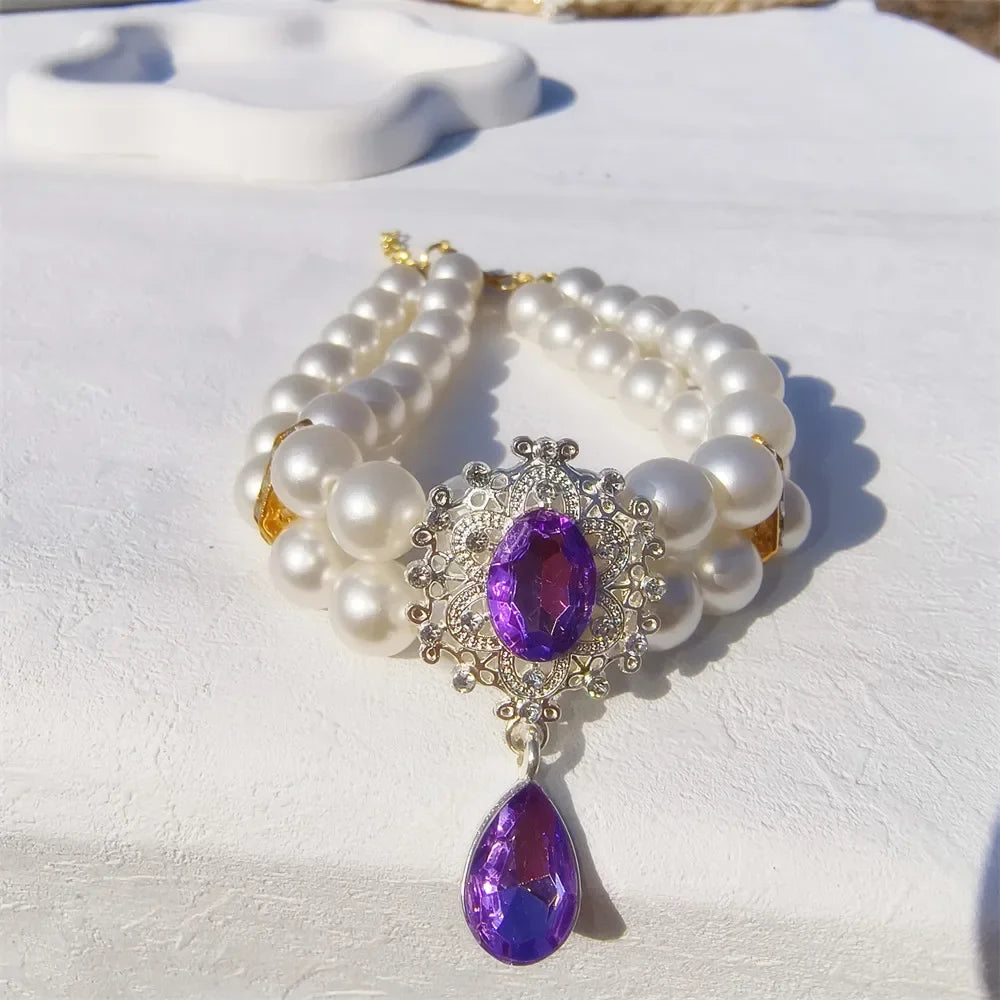 1pc Dog Accessories Double Layer Pearl Pet Necklace Sweet Flower Pendant Cat Neck Chain Adjustable Pearl Collar for Cats Puppy