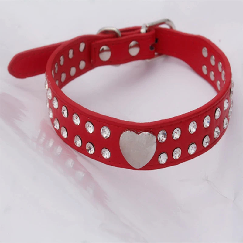 Adjustable Leather Dog Collars Rhinestone Heart Necklac, Pet Accessories Small Medium Large Outdoor Bling