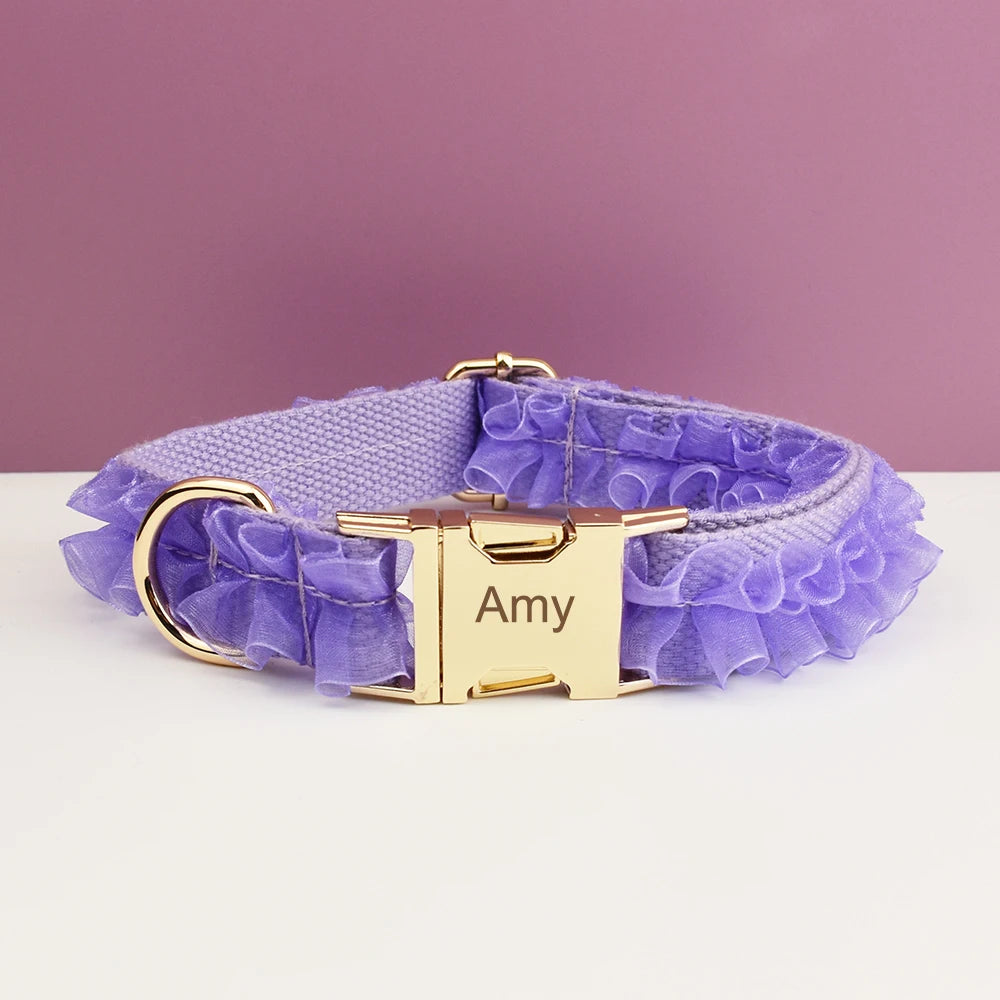 Custom Engraved Purple Lace Dog Collar Personalized Pet Wedding Harness Luxury Dog Accessories Nameplate Lace 07
